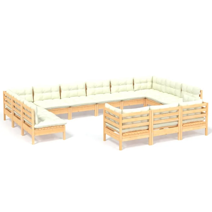 Salon de jardin 13 pcs avec coussins crème bois de pin - 2