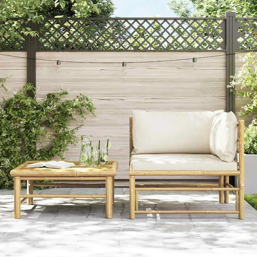 Salon de jardin 2 pcs avec coussins blanc crème Bambou - 3