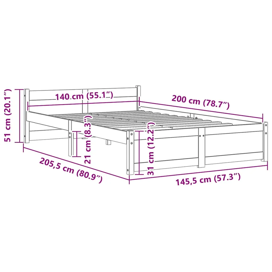 Cadre de lit sans matelas bois massif 140x200 cm - 9