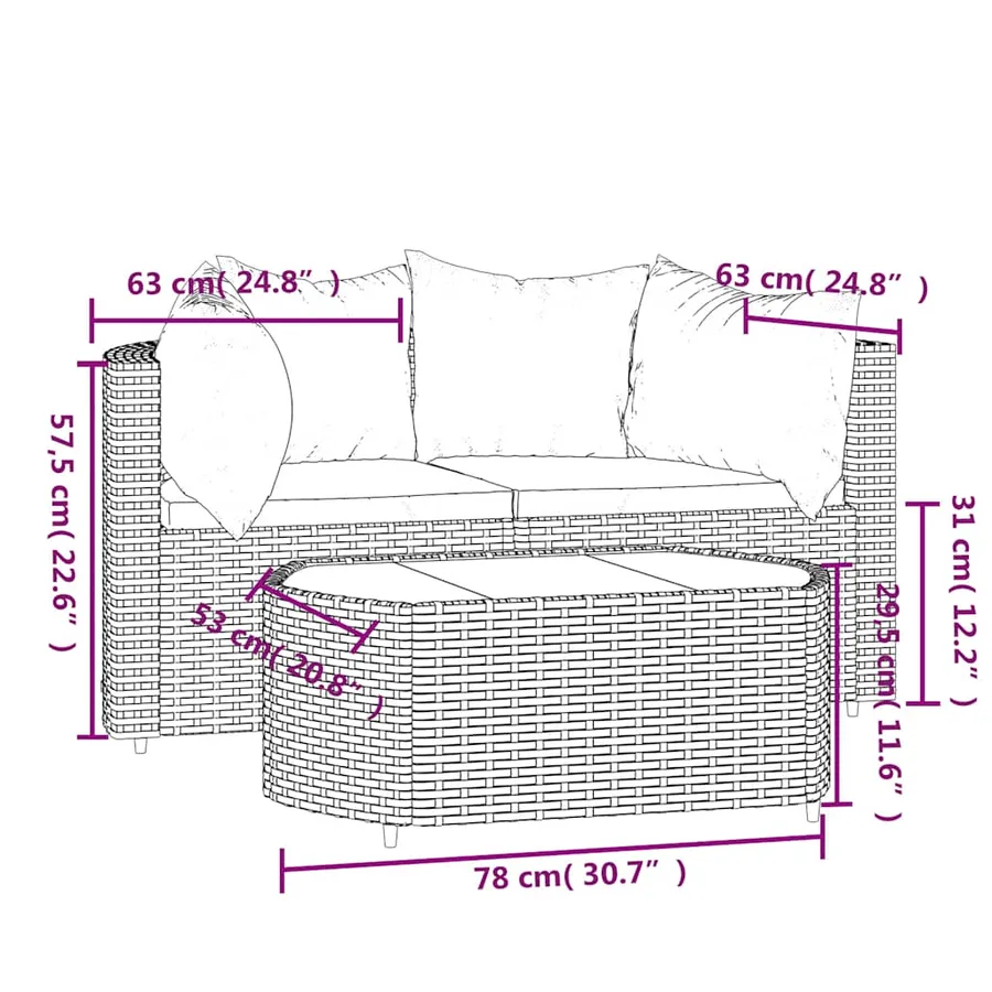 Salon de jardin 3 pcs avec coussins Noir Résine tressée - 11