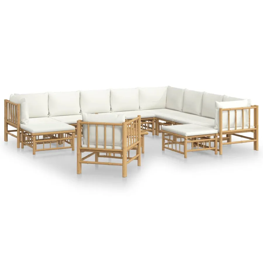 Salon de jardin 12 pcs avec coussins blanc crème bambou - 2