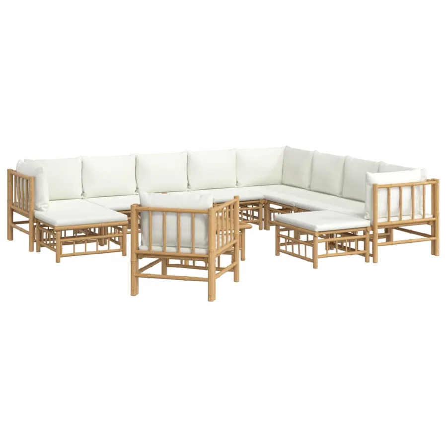 Salon de jardin 12 pcs avec coussins blanc crème bambou - 3