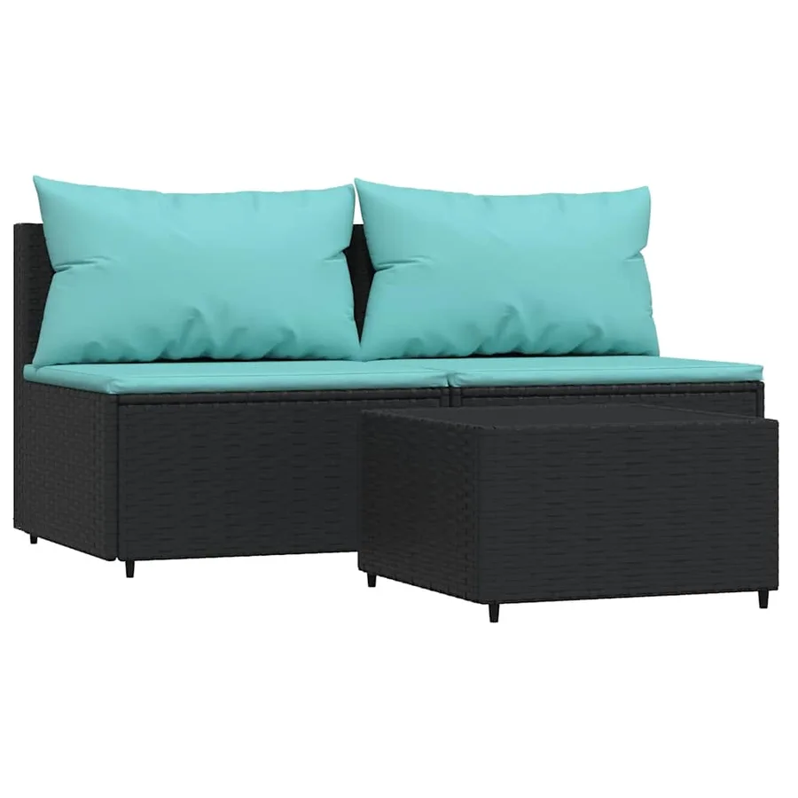 Salon de jardin 3 pcs avec coussins Noir Résine tressée - 2