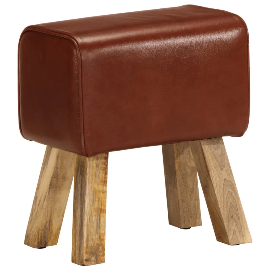 Banc saut de cheval 38 cm marron cuir véritable et manguier - 2