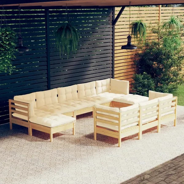 Salon de jardin 10 pcs avec coussins crème bois de pin massif