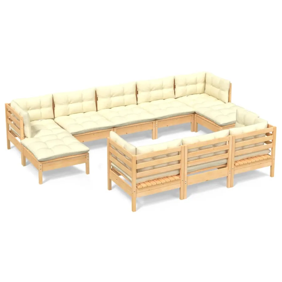 Salon de jardin 10 pcs avec coussins crème bois de pin massif - 2