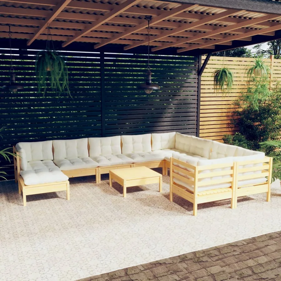 Salon de jardin 11 pcs avec coussins crème bois de pin