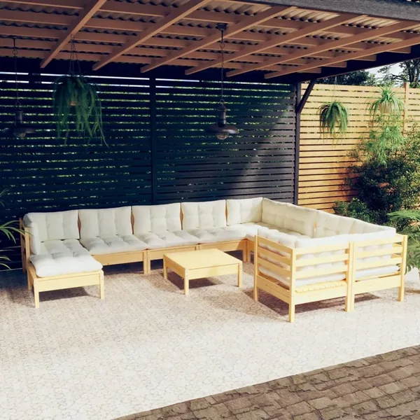 Salon de jardin 11 pcs avec coussins crème bois de pin