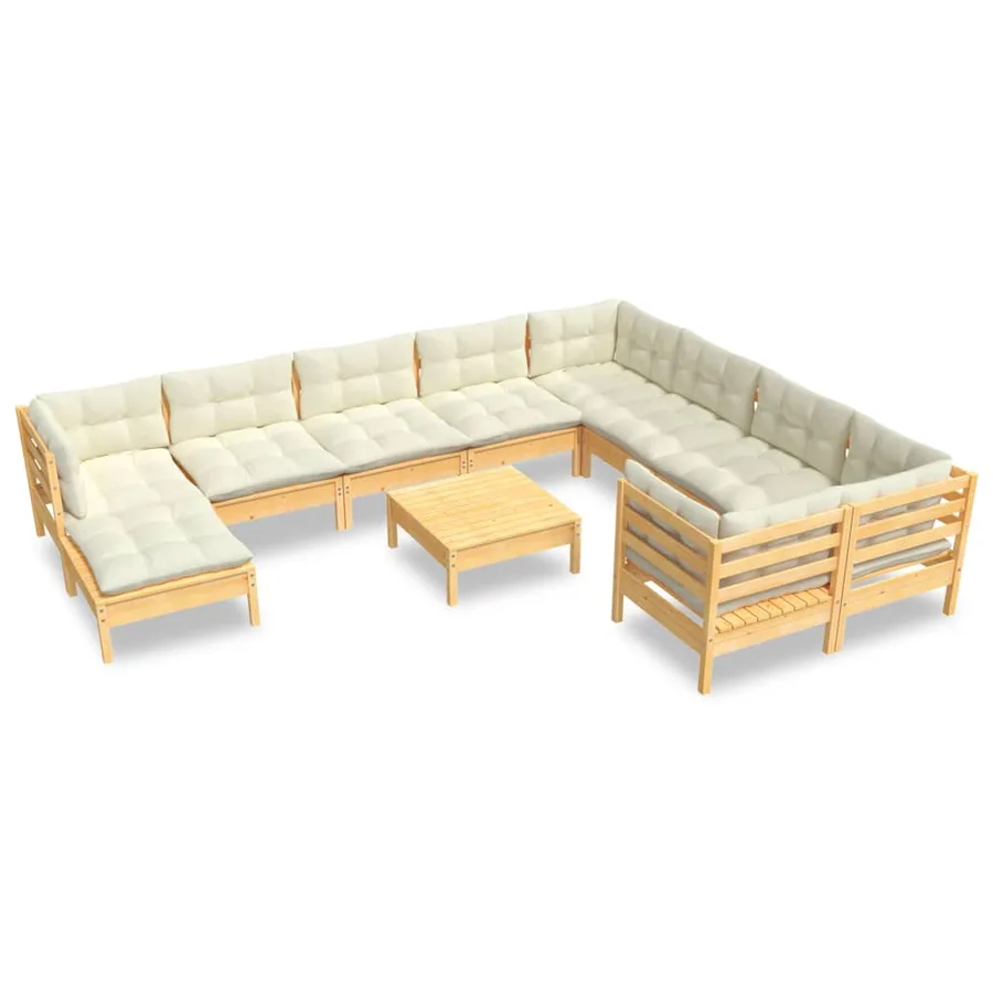 Salon de jardin 11 pcs avec coussins crème bois de pin - 2