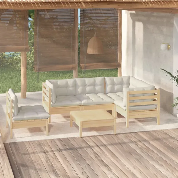 Salon de jardin 6 pcs avec coussins crème bois de pin