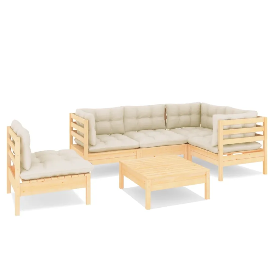 Salon de jardin 6 pcs avec coussins crème bois de pin - 2