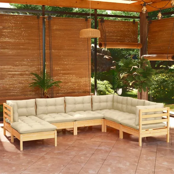 Salon de jardin 7 pcs avec coussins crème bois de pin massif