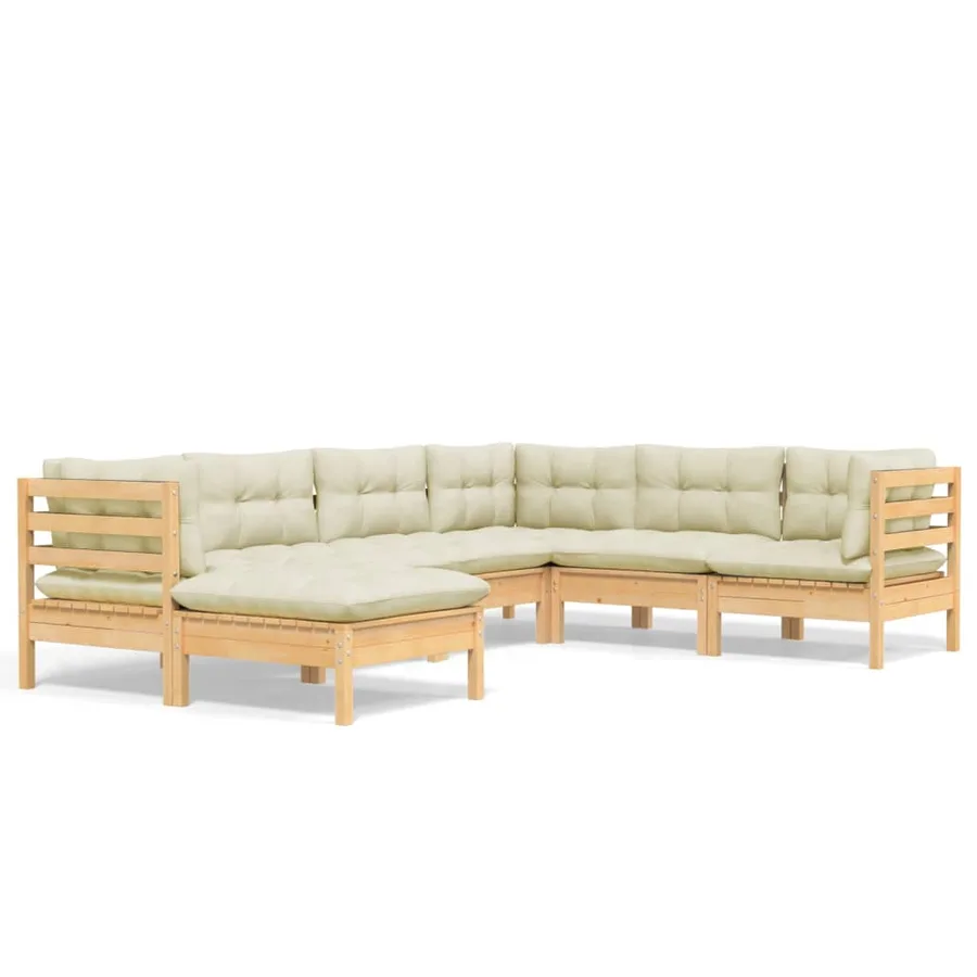 Salon de jardin 7 pcs avec coussins crème bois de pin massif - 2