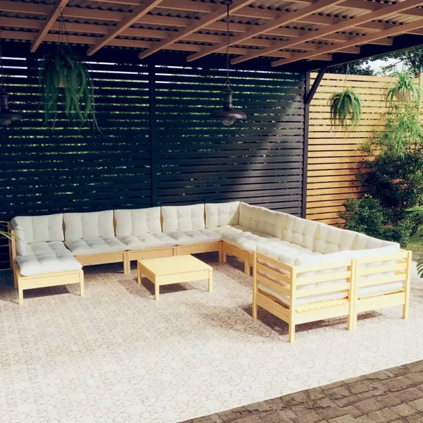 Salon de jardin 12 pcs avec coussins crème Bois de pin