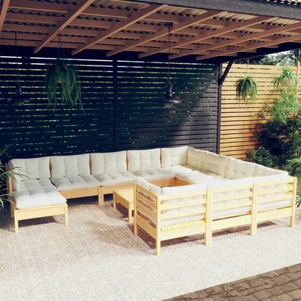 Salon de jardin 12 pcs avec coussins crème Bois de pin