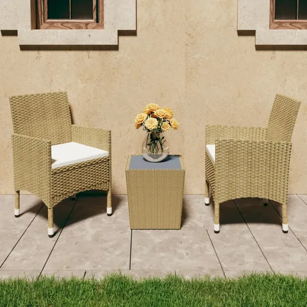 Ensemble de bistro 3 pcs Résine tressée et verre trempé Beige