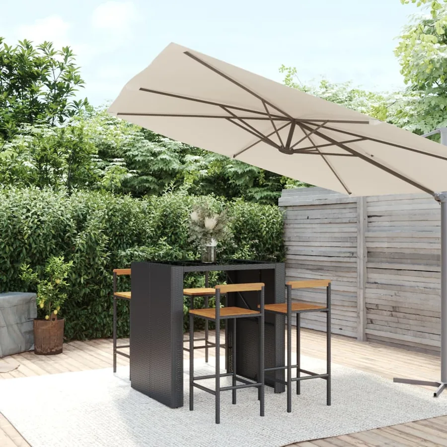 Ensemble de bar jardin 5 pcs noir poly rotin/bois massif acacia