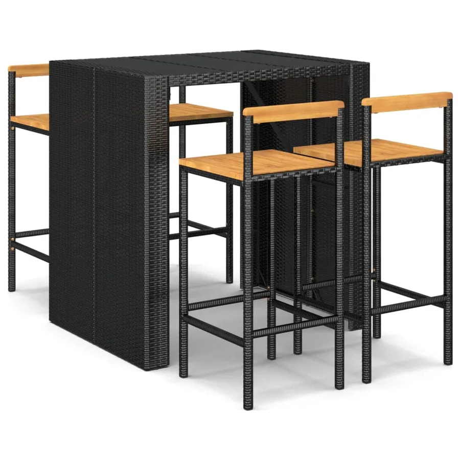 Ensemble de bar jardin 5 pcs noir poly rotin/bois massif acacia - 2