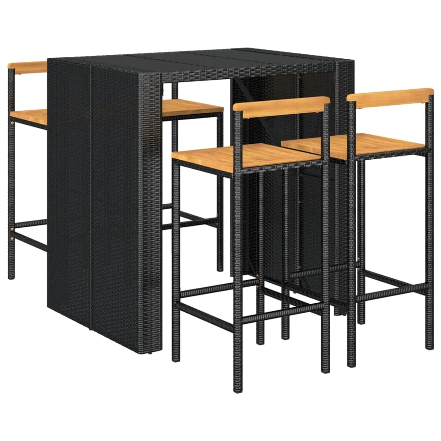 Ensemble de bar jardin 5 pcs noir poly rotin/bois massif acacia - 3