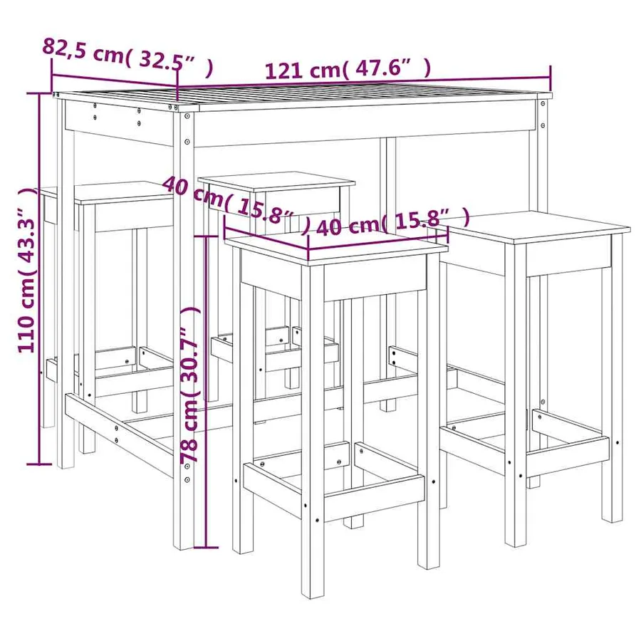 Ensemble de bar de jardin 5 pcs bois de pin massif - 10