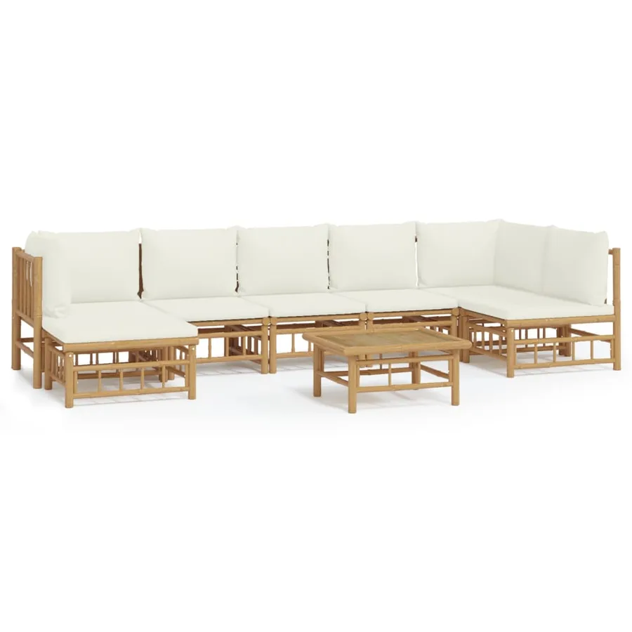Salon de jardin 8 pcs avec coussins blanc crème bambou - 2