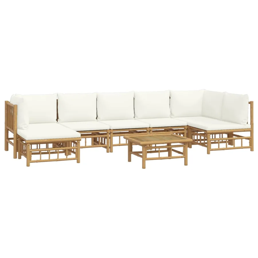 Salon de jardin 8 pcs avec coussins blanc crème bambou - 3