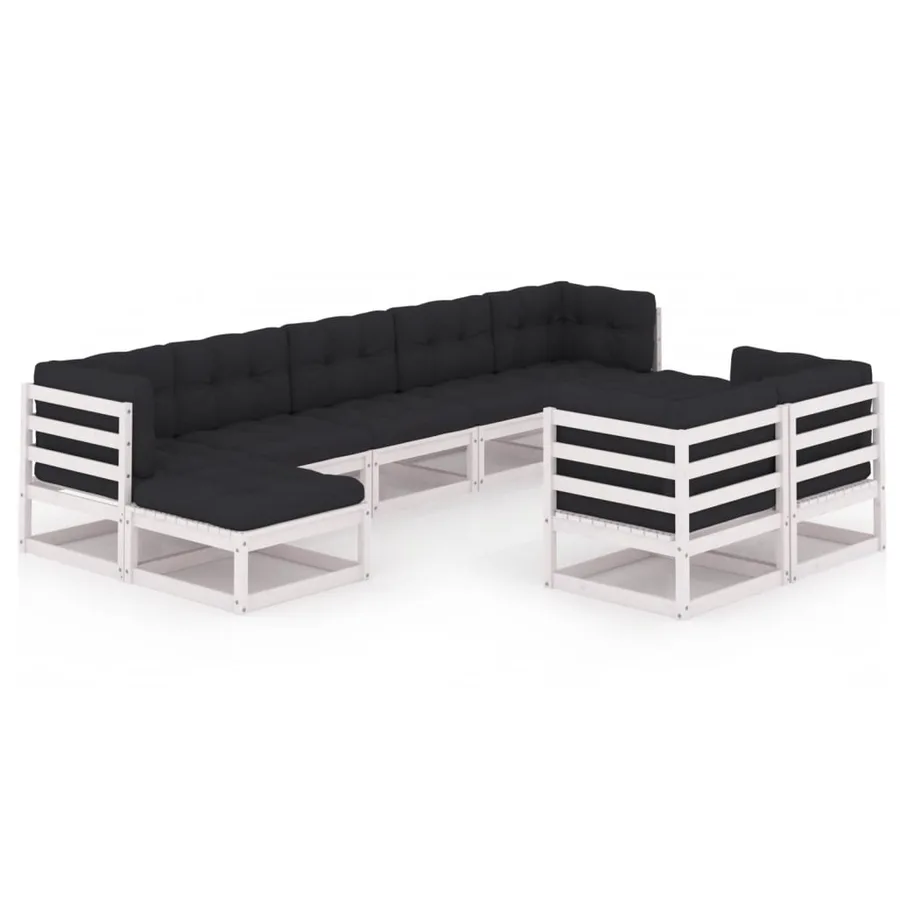 Salon de jardin 9 pcs avec coussins Blanc Bois de pin massif - 2