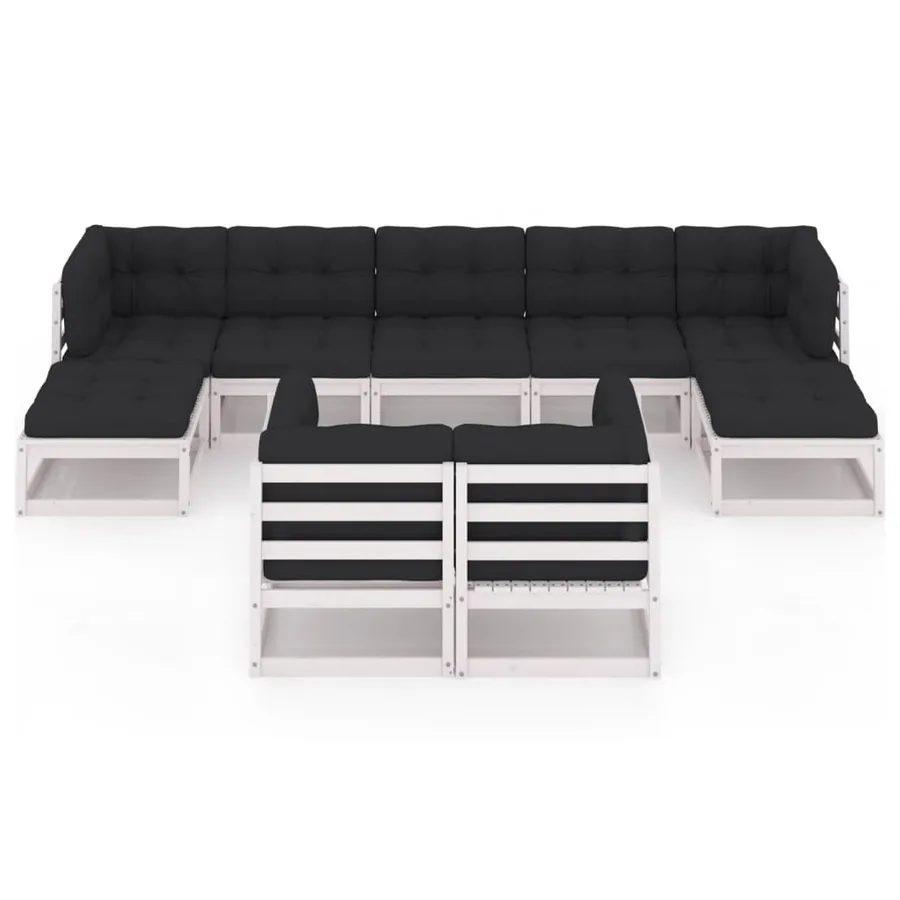 Salon de jardin 9 pcs avec coussins Blanc Bois de pin massif - 3