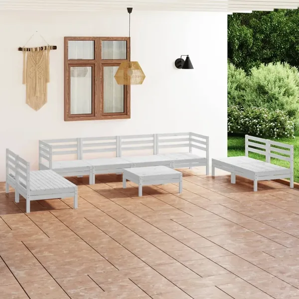 Salon de jardin 9 pcs Blanc Bois de pin massif