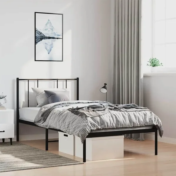 Cadre de lit métal sans matelas avec tête de lit noir 100x190cm