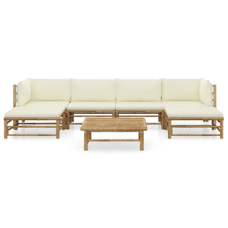 Salon de jardin 7 pcs avec coussins blanc crème bambou - 2