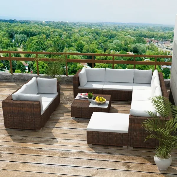 Salon de jardin 10 pcs avec coussins Résine tressée Marron