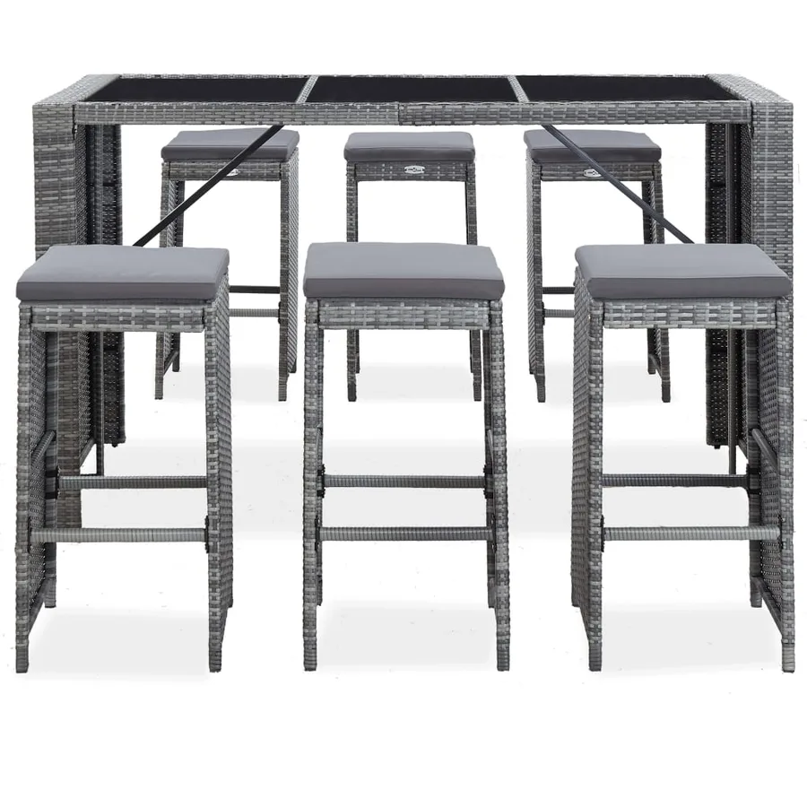 Meuble de bar de jardin 7 pcs et coussins Résine tressée Gris - 2