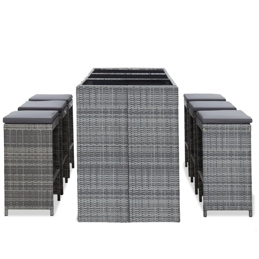 Meuble de bar de jardin 7 pcs et coussins Résine tressée Gris - 3