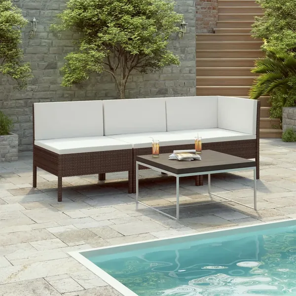 Salon de jardin 3 pcs avec coussins Résine tressée Marron