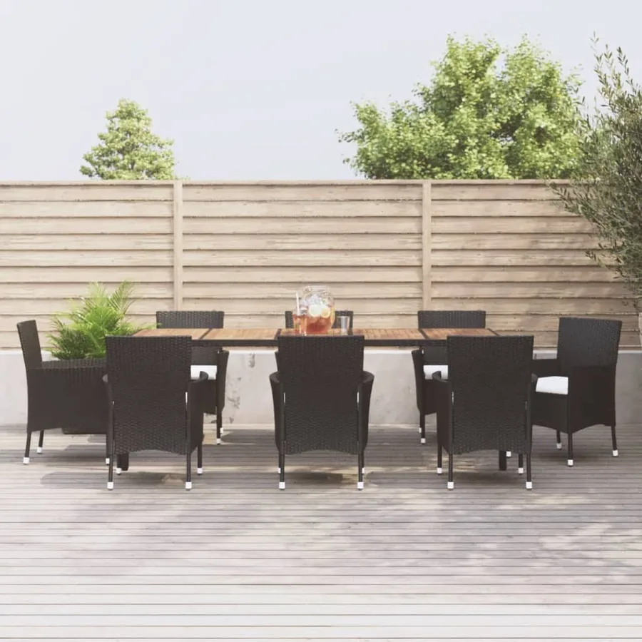 Ensemble à manger jardin 9pcs et coussins noir résine tressée