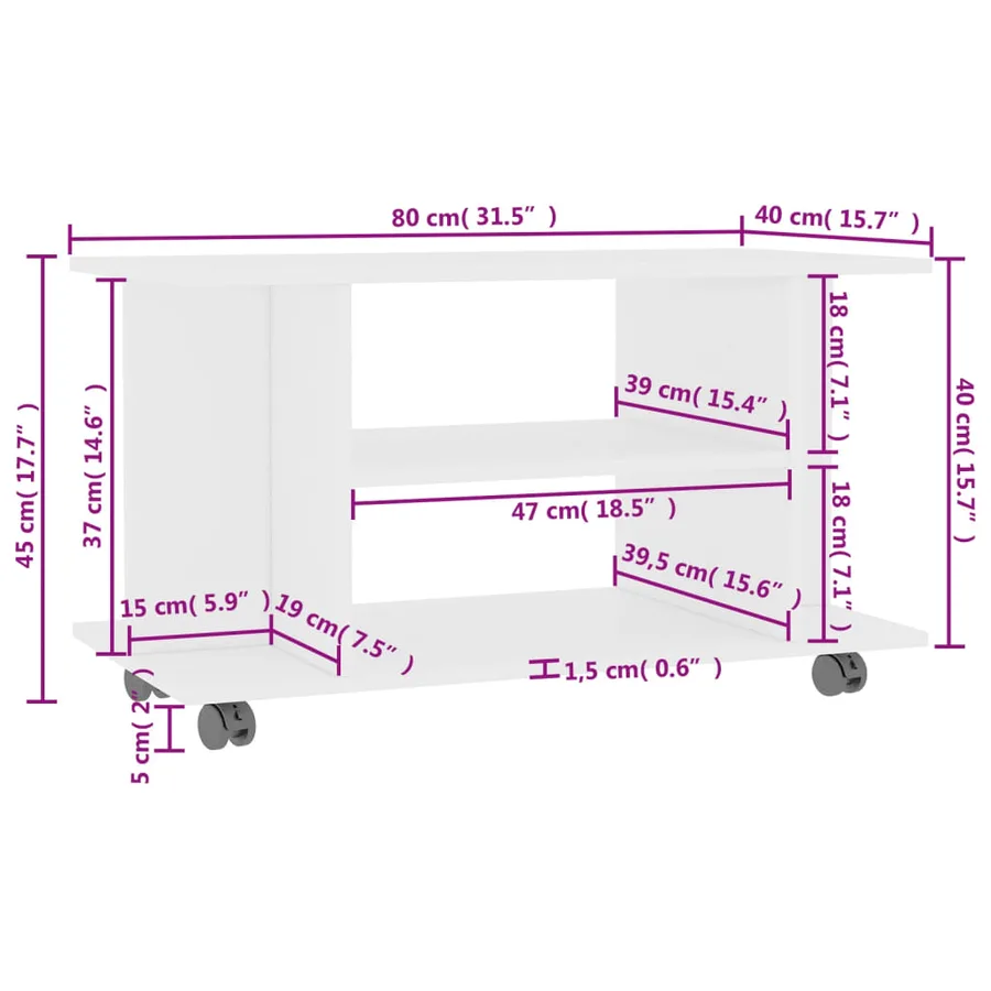 Meuble TV avec roulettes blanc 80x40x45 cm bois d'ingénierie - 6
