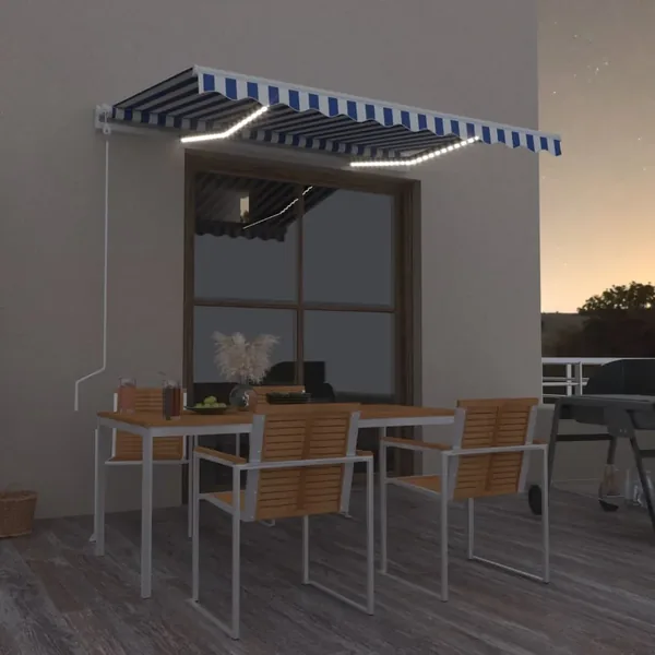 Auvent automatique capteur de vent/LED 350x250 cm Bleu et blanc