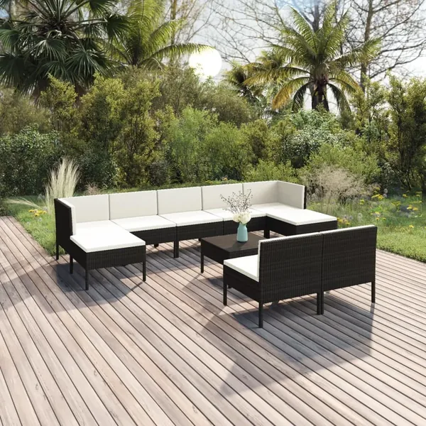 Salon de jardin 10 pcs avec coussins Résine tressée Noir