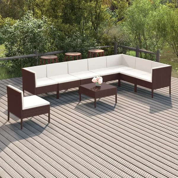 Salon de jardin 9 pcs avec coussins résine tressée marron