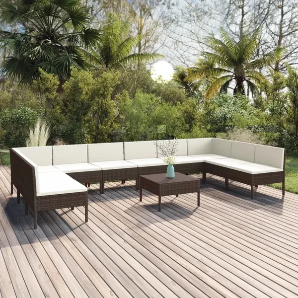 Salon de jardin 11 pcs avec coussins Résine tressée Marron