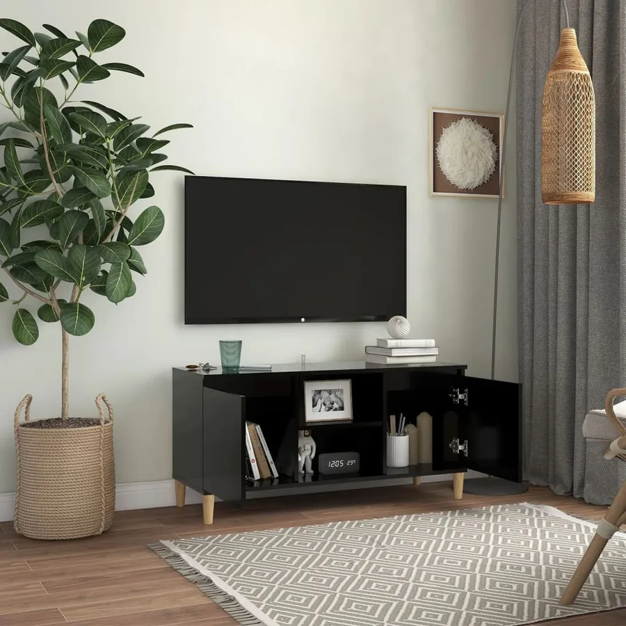 Meuble TV avec pieds en bois massif Noir 103,5x35x50 cm - 3