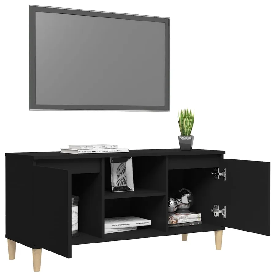 Meuble TV avec pieds en bois massif Noir 103,5x35x50 cm - 4