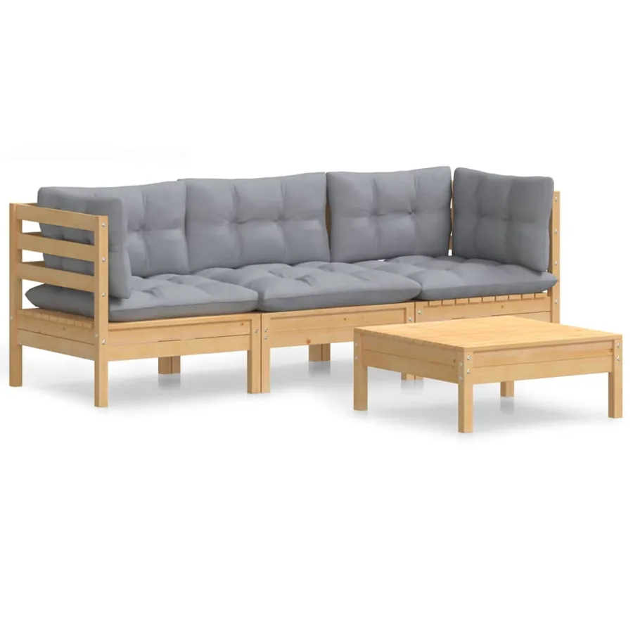 Salon de jardin 4 pcs avec coussins gris Bois de pin - 2
