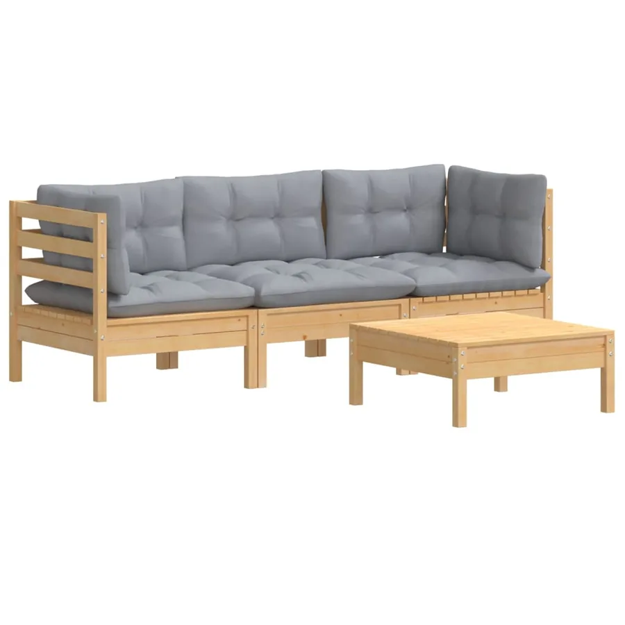 Salon de jardin 4 pcs avec coussins gris Bois de pin - 3