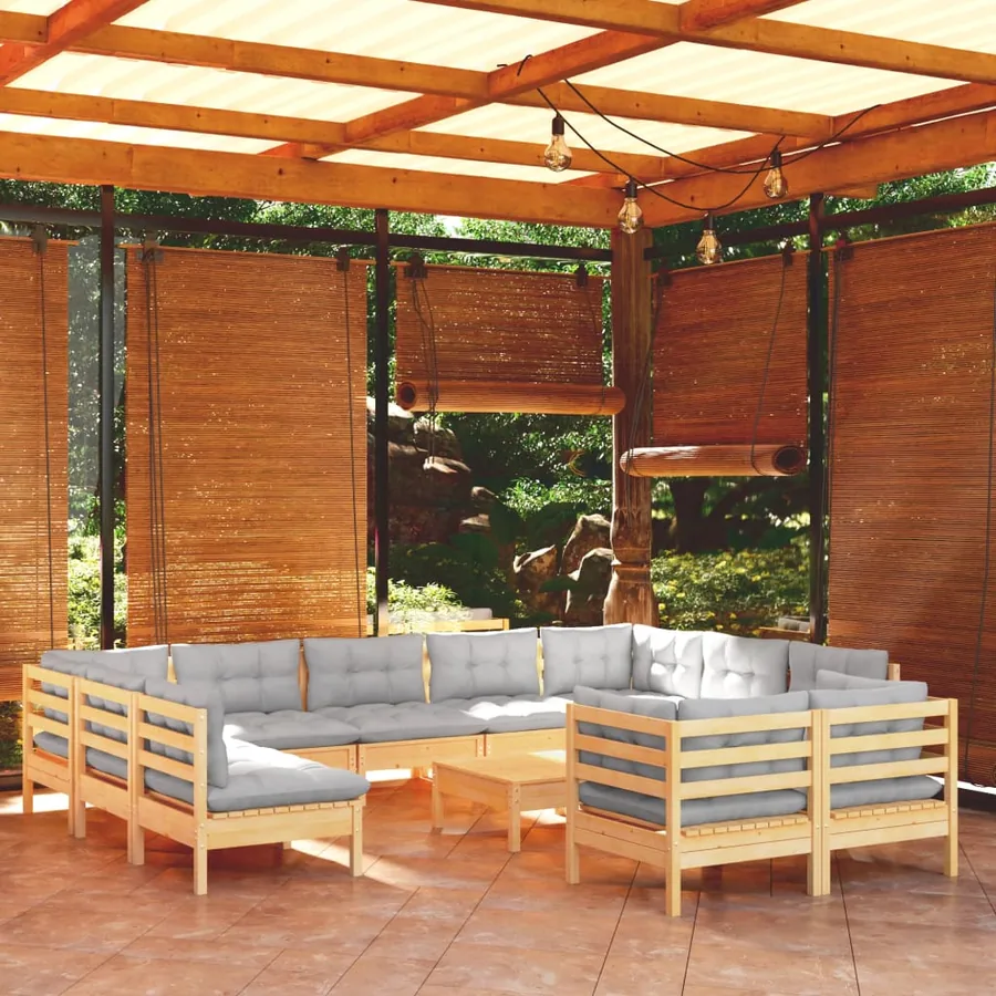 Salon de jardin 12 pcs avec coussins gris Bois de pin massif