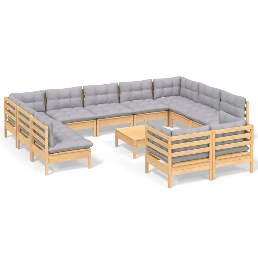 Salon de jardin 12 pcs avec coussins gris Bois de pin massif - 2