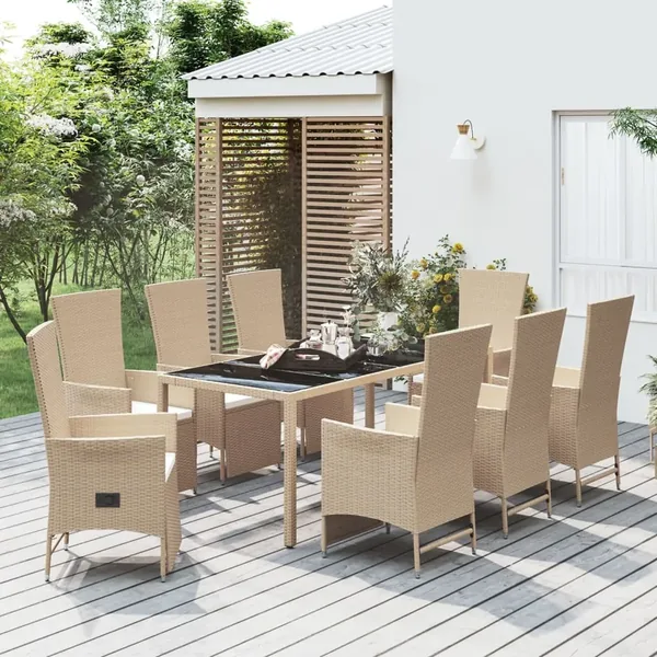 Ensemble à manger de jardin et coussins 9 pcs beige Poly rotin