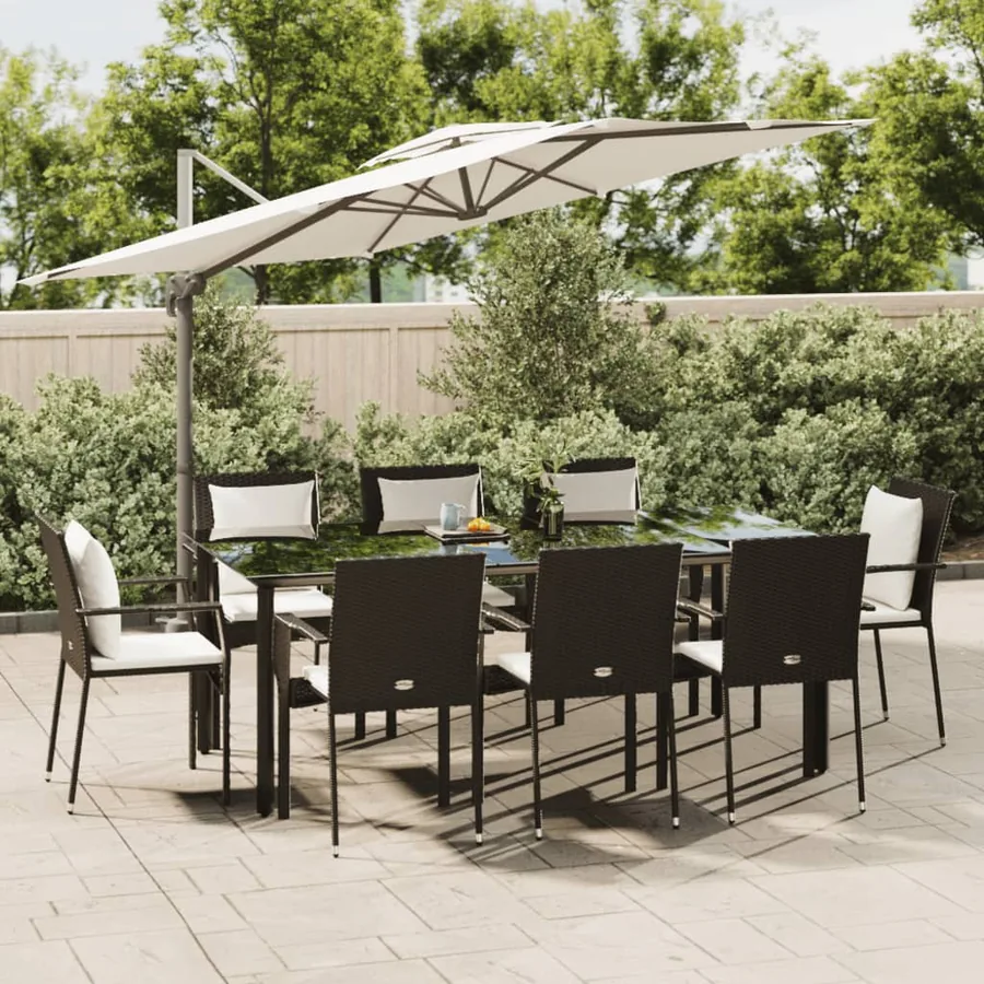 Ensemble à manger jardin 9pcs et coussins noir résine tressée