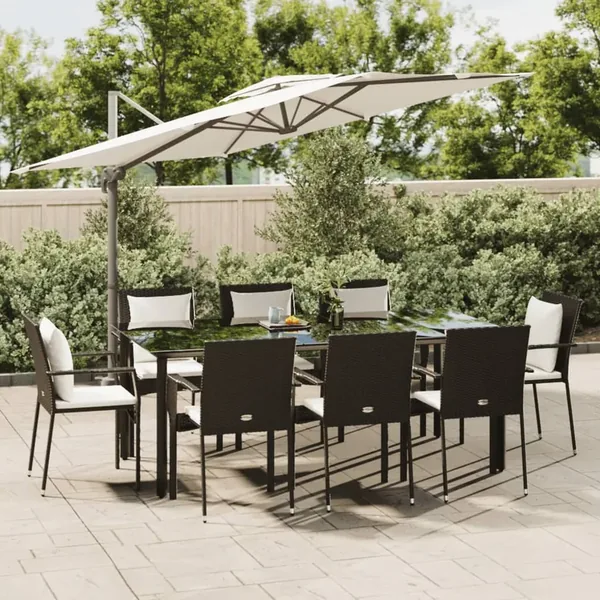 Ensemble à manger jardin 9pcs et coussins noir résine tressée